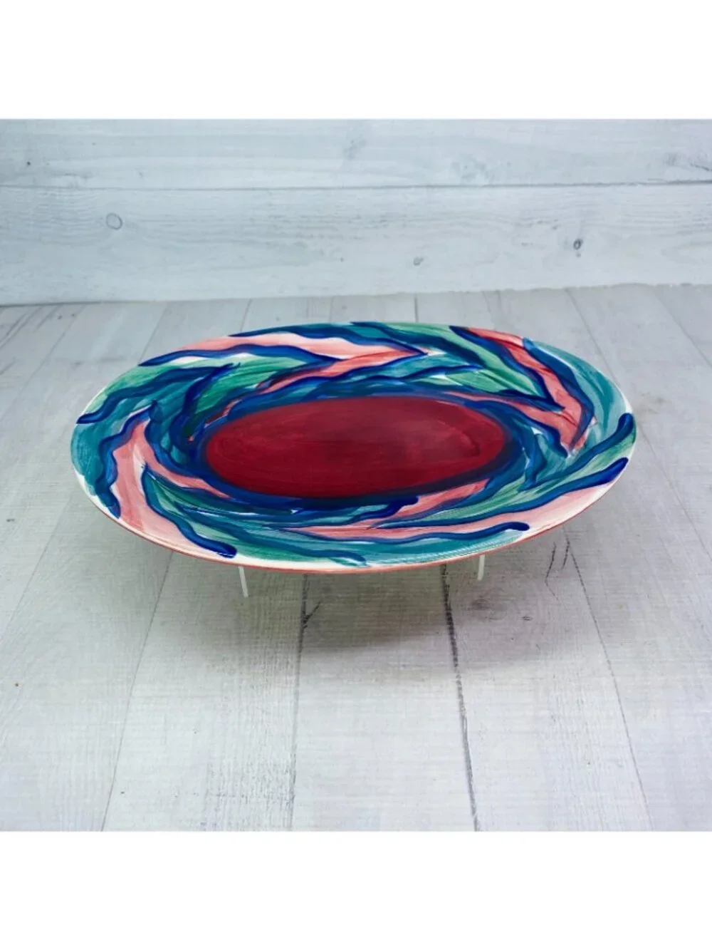 Gail Pittman FLAME Red Green Blue Wavy Line Band Ceramic 11.5